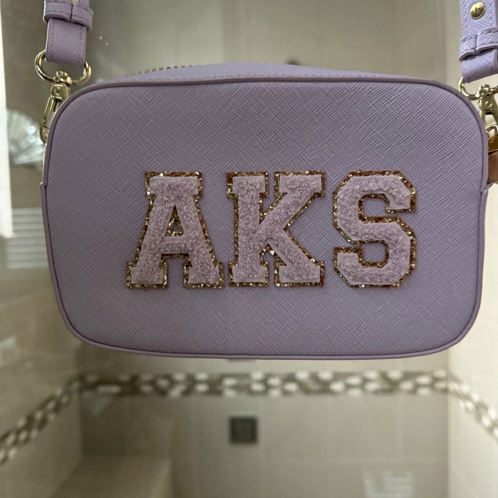 Stoney Clover Lane-small crossbody bag-lilac-glitter varsity letters